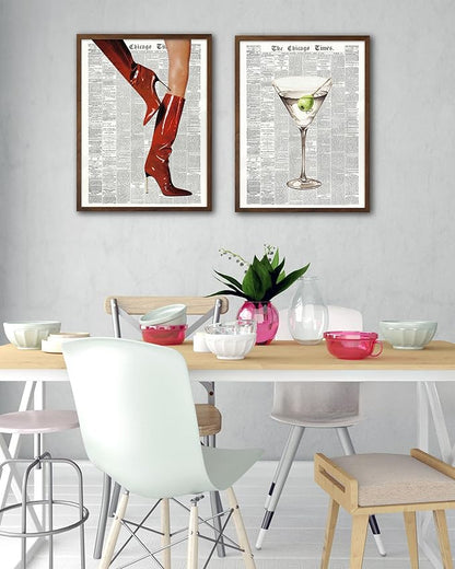 EcoHest Trendy Newspaper Red Boots Framed Wall Art, 12x16 in Walnut Color OAK Wood Fashion Icon Canvas Wall Art, Magazine Retro Home Decor, Set of 1 for Bedroom Living Room