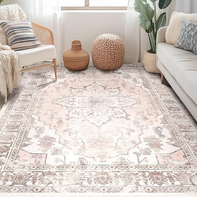 BESTSWEETIE 6x9 Area Rug Washable Rugs for Living Room, No Pile Boho Carpet for Entryway Bedroom Dinning Room, Vintage Carpet Print Distressed Non-Slip, 6 x 9 ft, Pink Beige Grey