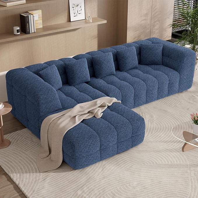 107" Modern Boneless Couch with L - Shaped Chaise, Comfy Chenille Modular Sectional Sofa with Tufted Design, Deep Seat Upholstered Sofa Bed, No - Assembly Sectional Couch, Blue