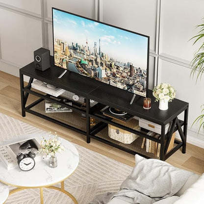 TV Stand for TVs up to 70 Inch, 63" Long Industrial TV Console Table with 3-Tier Storage Shelves, Entertainment Center for Living Room, Bedroom (Black)