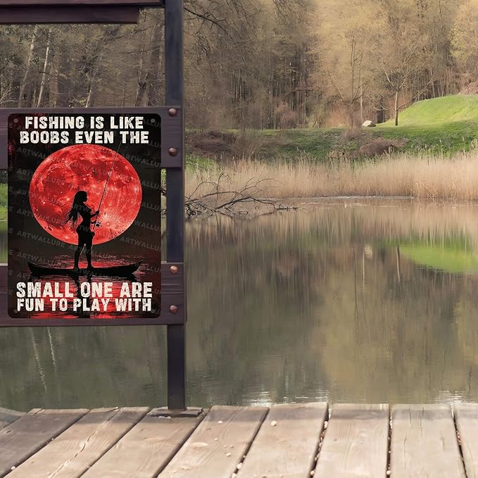 Funny Fishing Metal Tin Sign Vintage Rustic Wall Decor for Man Cave Lakeside Cabin Retro Bar with Ironic Fisherman Quote 12x16Inch