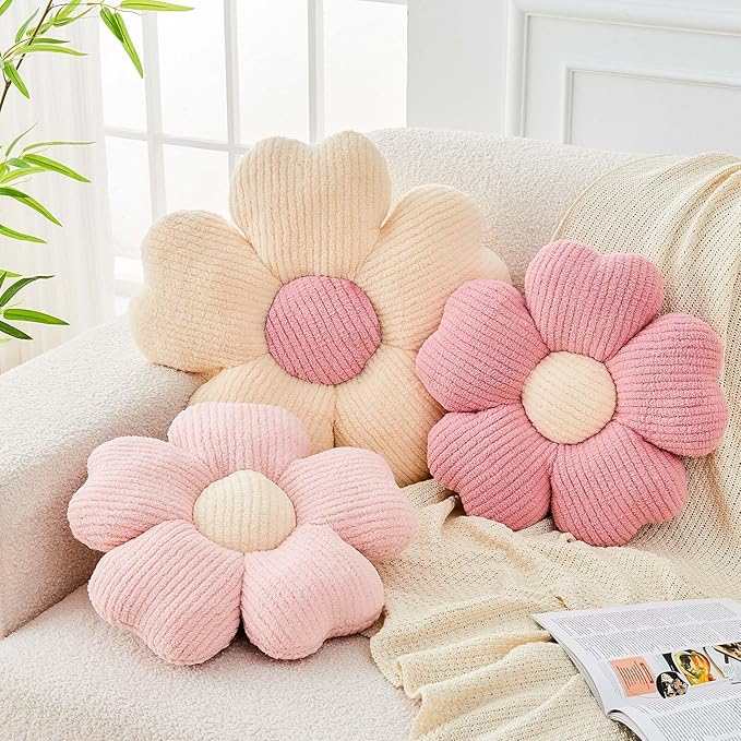 Kcvvcr Flower Throw Pillow, Cute Flower Shaped Pillow Decorative Throw Pillow for Bed Couch, Soft Daisy Pillows Floor Seating Cushion Cushions (14.9 Inch Ivory+Pink)