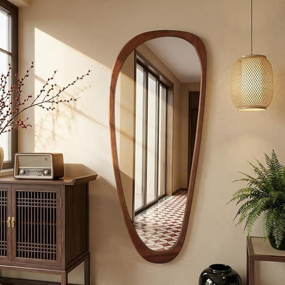 60''x22'' Asymmetrical Mirror with Wood Frame, Small Irregular Wavy Wall Mirror, Odd Shaped Mid Century Modern Mirror Decor for Bedroom Living Room Entryway Hall