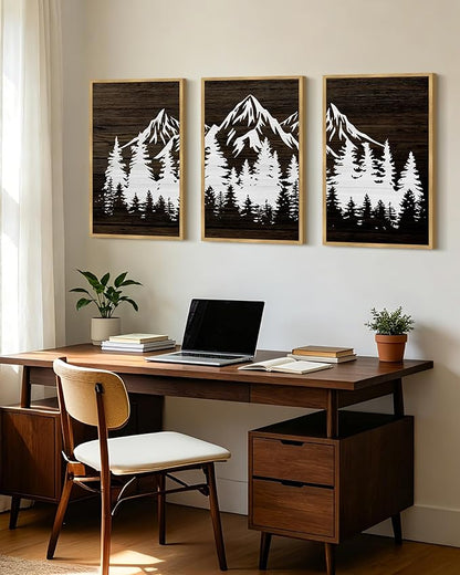 PHOPAGO Mountains Tree Framed Wall Art Large 16x24in Boho Forest Nature Landscape Artwork Paints Morden Country Woodcut Wood Wall Decor Rustic Home Decor - Natural Framed