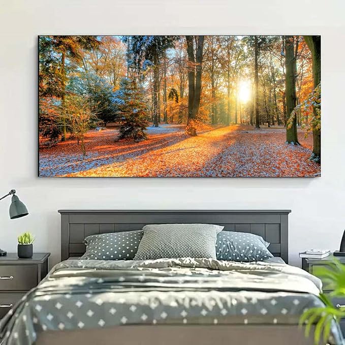Bamdeya Large Canvas Wall Art Forest Prints Sunset Tree Wall Decor Autumn Poster Modern Panel Art Natural Landscape Painting Fall Scenery Artwork Living Room Bedroom Decor Home Office Decoration