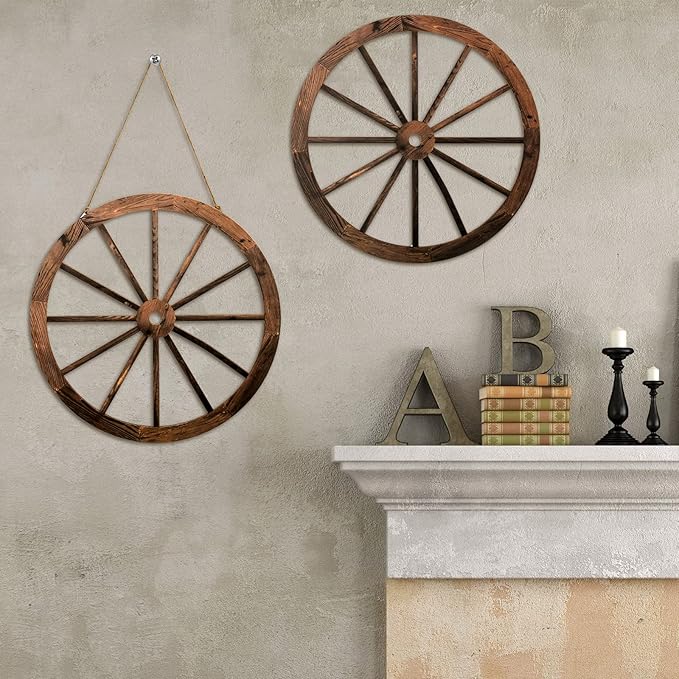 Qunclay 2 Pcs Wagon Wheel Decor Wooden Western Cowboy Party Decorations Vintage Rustic Wagon Wheel Wood Cartwheel Decor for Bar Garage Indoor Outdoor (Brown,12 Inch)
