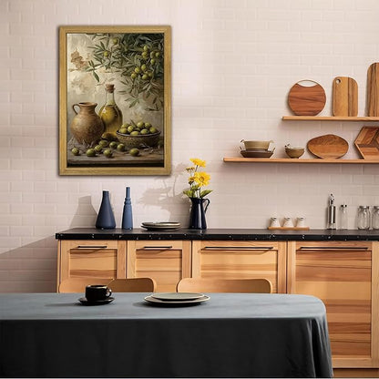 Wood Framed Olive Kitchen Wall Art, Vintage Rustic Still Life Canvas Print, Green Olives Poster Print Picture, Fruit Wall Decor Painting for Dining Room Cafe Restaurant Farmhouse Home Decor 12x16 inch