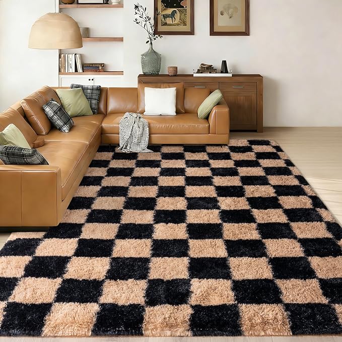Shag Rugs for Living Room 8x10, Ultra Soft Checkered Black Beige Big Fuzzy Rugs for Bedroom, 8 x 10 Fluffy Shaggy Plush Carpet Kids Room Dorm Upgrade Non-Slip