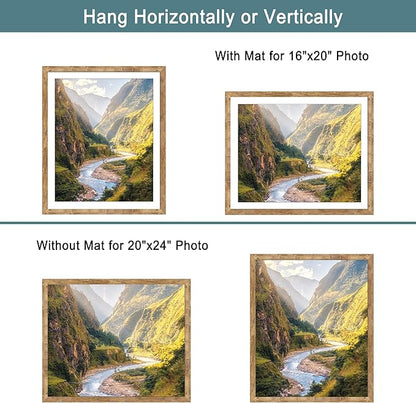 iRahmen 20x24 Picture Frame Set of 2 with Plexiglass, Wood Brown Rustic Poster Frame for Wall Mounting Display 16x20 Picture with Mat or 20 x 24 Without Mat