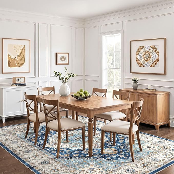 7x9 Area Rug Living Room: Washable Boho Large Neutral Vintage Soft Rugs Stain Resistant Farmhouse Non-Slip Indoor Floor Retro Carpet for Bedroom Nursery Kids Office Dining Room- Navy Beige
