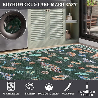Mushroom 8 X 10 Rug for Living Room Non Slip Washable 8x10 Rug for Bedroom with Rubber Back Soft Low-Pile Stain Resistant Foldable Large Carpet for Office Nursery Dining Room Black