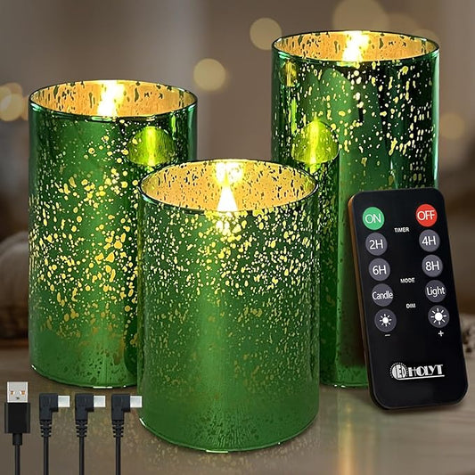LEDHOLYT Rechargeable Flameless Candle, Flickering LED Pillar Glass Fake Candle with Remote and Timer, Built-in Battery Real Wax Electronic Candle for Room Decoration, Set of 3