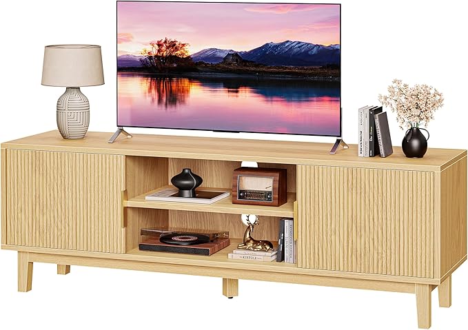 PRAISUN 54 Inch TV Stand for 50, 55 Inch TV, Fluted Entertainment Center with 2 Cabinets, TV Consoles for Living Room, 3-Level Adjustable Shelf, 4 Cable Holes, Meida Console, Natural