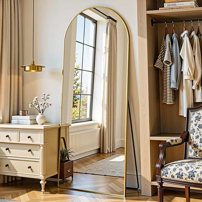 Arched Full Length Mirror 58 x 18 Inch, Full Body Mirror with Stand, Standing Hanging or Leaning Against Wall, Metal Frame Floor Mirror for Bedroom, Living Room, Cloakroom,Gold