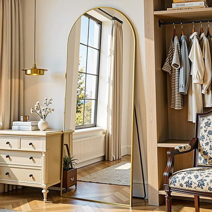 Arched Full Length Mirror 58 x 18 Inch, Full Body Mirror with Stand, Standing Hanging or Leaning Against Wall, Metal Frame Floor Mirror for Bedroom, Living Room, Cloakroom,Gold