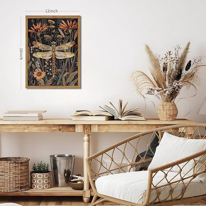 Framed Vintage 3D Textured Wall Art Dark Green Dragonfly Flowers Wall Decor Hand Drawn Sandstone Nature Botanical Paintings Pictures for Living Room Bedroom 12x16 inch