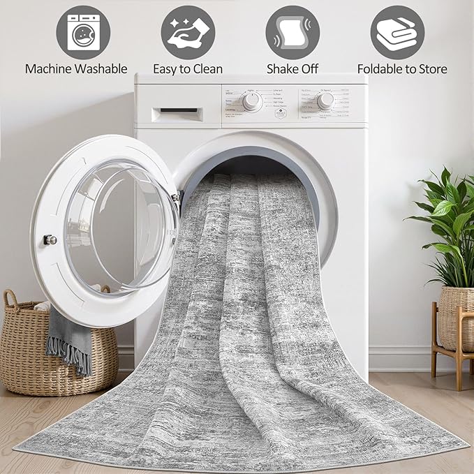 Grey Rug 7x9 Area Rug: Washable Boho Large Vintage Neutral Soft Rugs Stain Resistant Farmhouse Non-Slip Indoor Floor Carpet for Living Room Bedroom Playroom Office Dining Room Apartment Dorm