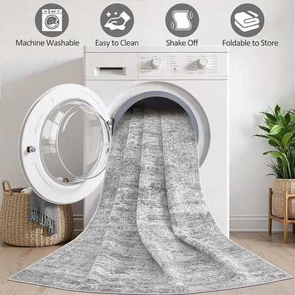 Grey Rug 7x9 Area Rug: Washable Boho Large Vintage Neutral Soft Rugs Stain Resistant Farmhouse Non-Slip Indoor Floor Carpet for Living Room Bedroom Playroom Office Dining Room Apartment Dorm