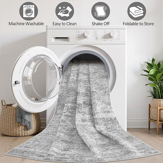 Grey Rug 7x9 Area Rug: Washable Boho Large Vintage Neutral Soft Rugs Stain Resistant Farmhouse Non-Slip Indoor Floor Carpet for Living Room Bedroom Playroom Office Dining Room Apartment Dorm