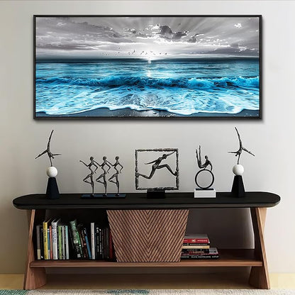 ERQINHUA Large Canvas Black Frame Wall Decor For Living Room Blue Sea Wave Ocean Painting Wall Art For Bedroom Office Dining room Decorations Beach Artworks Wall Pictures Modern Home Decor 32x72 In