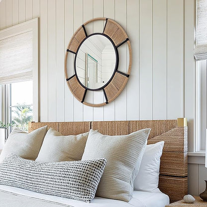 Round Wall Mirror for Wall Decor, 30.5'' Boho Mirror for Dining Room with Detachable Rattan and Black Metal Frame, Round Mirror for Living Room Bathroom Beach Decor