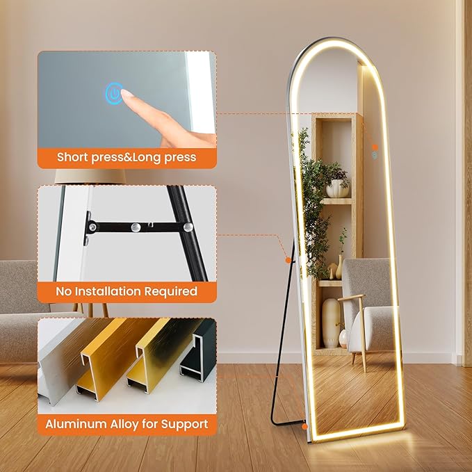Sweetcrispy Arched LED Full Length Mirror with Stand, 60"x16" Lighted Floor Body Mirror with Dimming & 3 Color Lighting, Hanging or Leaning, Floor Standing for Bedroom, Dressing Room