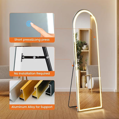 Sweetcrispy Arched LED Full Length Mirror with Stand, 60"x16" Lighted Floor Body Mirror with Dimming & 3 Color Lighting, Hanging or Leaning, Floor Standing for Bedroom, Dressing Room