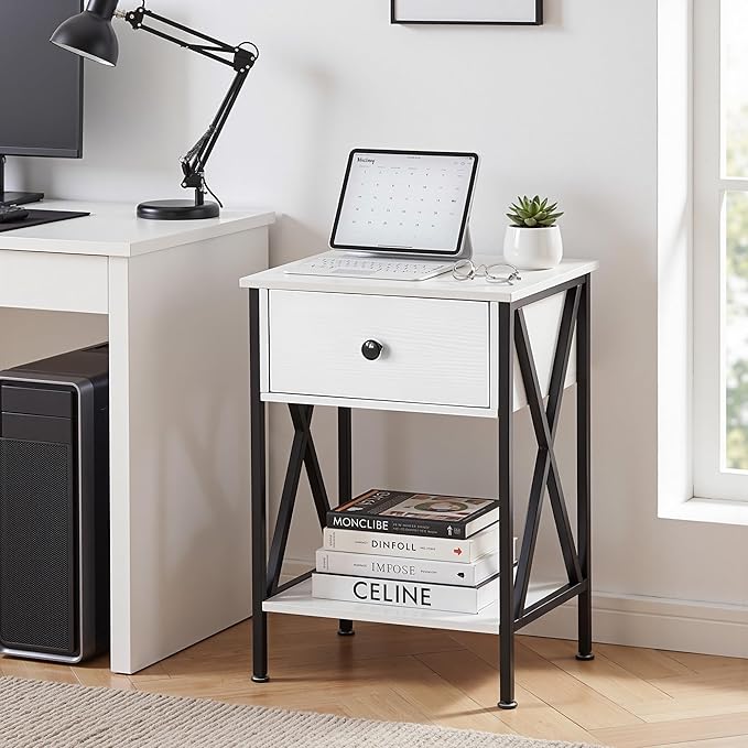VECELO Nightstands, Modern Bedside End Tables Set of 2, Night Stand with Drawer and Storage Shelf for Living Room Bedroom, Industrial Metal Frame