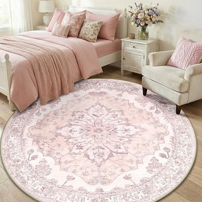 RELEANY Area Rugs Round 6ft Washable Non-Slip, Floral Vintage Distress Print Pattern Medallion Carpet for Living Room Bedroom Dining Room, Pink Greypink Cute