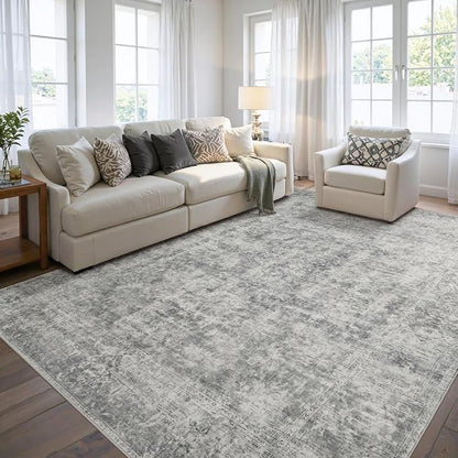Rugxara 5x7 Area Rugs for Living Room Bedroom, Grey Washable Rug, Neutral Abstract Boho Rug, Non Slip & Low Pile Faux Wool Carpet for Indoor Dining Room and Farmhouse(Grey 5x7ft)