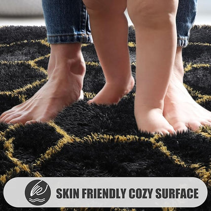 ONASAR Area Rugs for Bedroom Living Room, 4x6 Fluffy Black and Gold Throw Rug, Shaggy Geometric Floor Mat for Home Decor, Soft Plush Carpet for Kids Teen Playroom Dorm Classroom Office