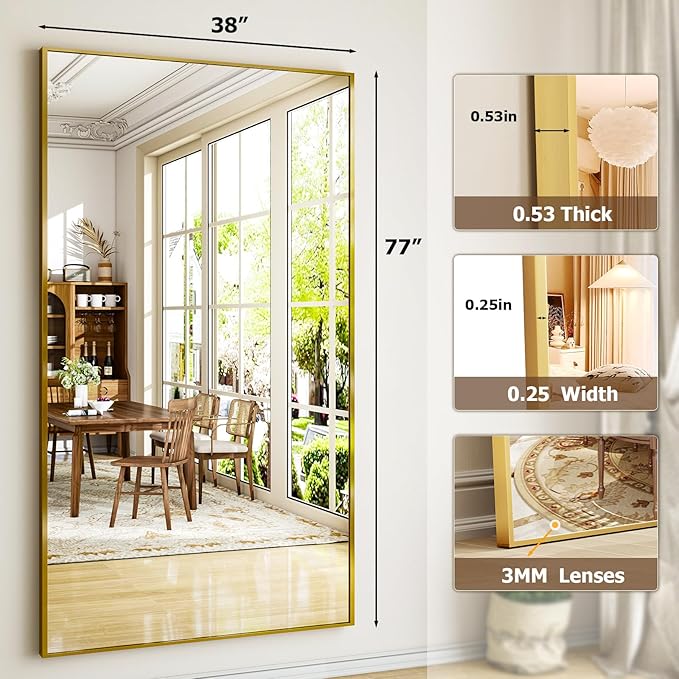 Easly Full Length Mirror with Stand 38"x77" Full Body Mirror Floor Mirror Standing Hanging or Leaning Wall, Wall Mirror with Stand Aluminum Alloy Frame for Living Room Bedroom Cloakroom,Gold