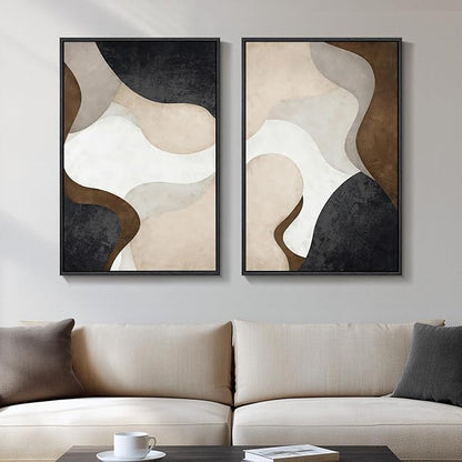 Framed Neutral Abstract Minimalist Wall Art, 2 Piece Large Modern Canvas Prints Paintings Artwork for Walls, Black Beige Brown Abstract Art Pictures for Living Room Dining Bedroom Wall Decor 20x30 In