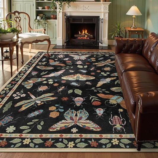 Lahome Insect 9x12 Area Rugs for Living Room Bedroom, Soft Washable Rugs 9x12 Stain Resistant, Ultra-Thin Non-Slip Non-Shedding Accent Carpet for Dining Room Office Vionnet, Black