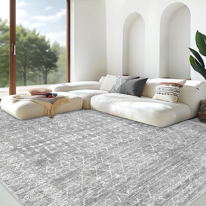 Area Rug for Living Room 9x12: Large Washable Boho Moroccan Rugs Geometric Neutral Rug, Non-Slip Foldable Morden Farmhouse Indoor Floor Carpet for Bedroom Dining Table Home (Moroccan Grey, 9'x12')