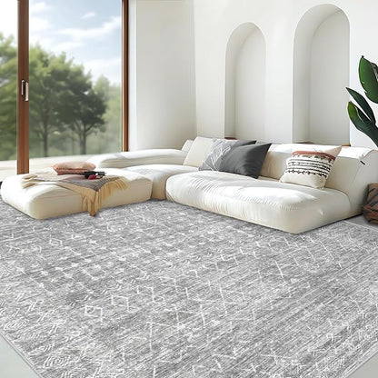 Area Rug Living Room Rugs 5x7 - Large Soft Boho Geometric Rugs, Non-Slip Foldable Washable Area Rug Non Shedding Morden Indoor Floor Carpet for Living Bedroom Office Dining Room (Moroccan Grey, 5'x7')