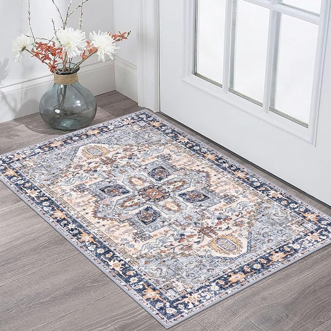 KOZYFLY Small Area Rug 2x3 Ft Rugs for Entryway Washable Boho Entry Rug Non Slip Door Mat Indoor Entrance Faux Wool Vintage Printed Kitchen Rug Throw Rugs for Entrance Kitchen, Blue Gray/Cream
