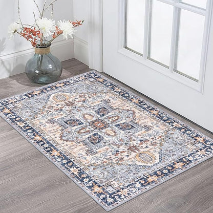 KOZYFLY Small Area Rug 2x3 Ft Rugs for Entryway Washable Boho Entry Rug Non Slip Door Mat Indoor Entrance Faux Wool Vintage Printed Kitchen Rug Throw Rugs for Entrance Kitchen, Blue Gray/Cream