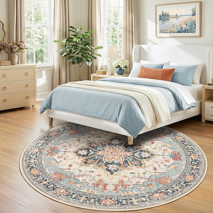 RELEANY 8ft Round Rug, Area Rugs 8ft, Washable Rug, Non-Slip, Rugs for Living Room for Bedroom, Circle , Vintage Rugs Boho Floral Medallion, Low Pile, Soft, Beige Dark Blue Navy Red