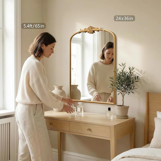 Besdomus Antique Arched Wall Mirror: 24"x36" French Large Arch Gleaming Gold Vintage Wall Mounted Mirror - Traditional Ornate Home Decor for Entryway/Fireplace/Bathroom - Idea for Homemakers