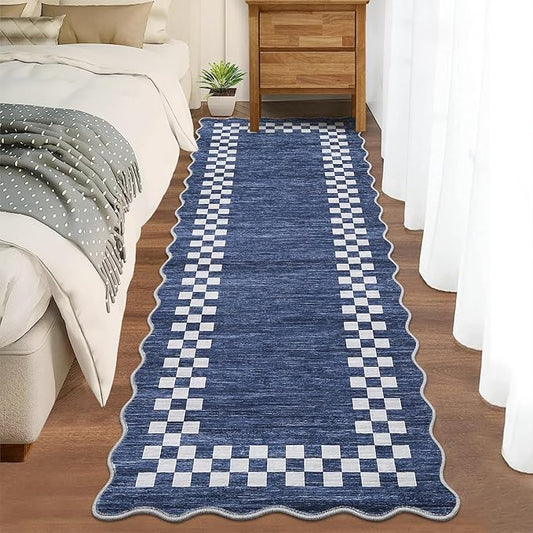 Washable Runner Rug 2x10 Modern Bordered Hallway Runner Rug Non Slip Kitchen Throw Carpet Checkered Bathroom Entryway Runner Rugs Low Pile Solid Area Rugs for Living Room Bedroom Nursery Sink, Blue