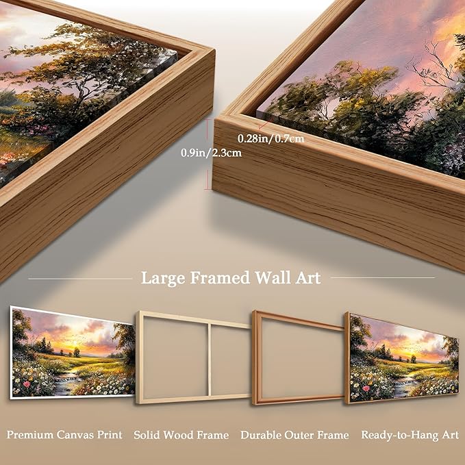 crmotu Extra Large Framed Wall Art for Living Room, Sunset Landscape Wall Art, Nature Wildflower Daisy Artwork, Country River Scenery Painting for Farmhouse Bedroom Dining Room Decor, 32"x71"