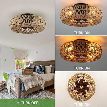20 Inch Boho Caged Bladeless Ceiling Fan with Light,Flush Mount Rattan Fandelier Ceiling Fans Lights and Remote Contro,Enclosed 6 Speeds Low Profile Farmhouse Fan Light for Bedroom,Kitchen,Living Room