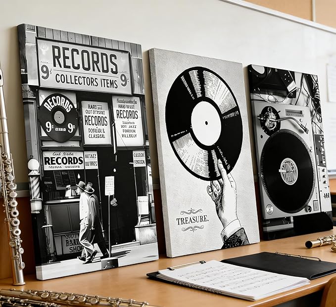Vintage Music Canvas Wall Art Fashion Black And White Photography Preppy Vinyl Record Painting Picture Wall Decor Bar Rock Music Lovers Poster Print Artwork for Recording Studio Club Home Decoration
