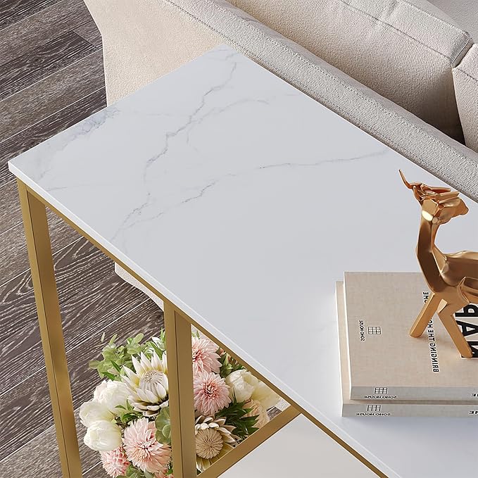 WOHOMO 31.5" Narrow Console Table with 3-Tier Storage, Industrial Sofa Table for Entryway, Living Room & Hallway - Gold Marble Faux Top, Sturdy Metal Frame