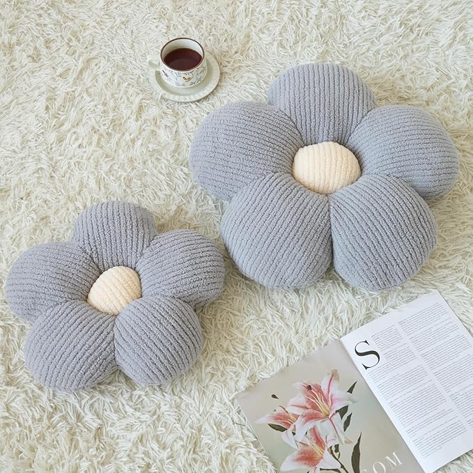 Flower Pillow, Decorative Throw Pillow for Couch, Cute Decor Pillows for Bed, Aesthetic Flower Shaped Pillow Fun Cushion (Grey, 19.6 Inches)