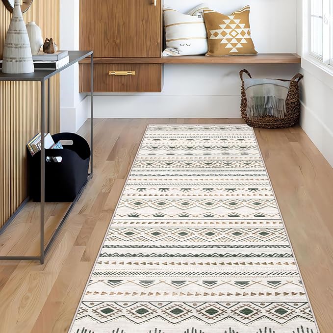 Runner Rug 2x7 Boho Geometric Area Rugs: Washable Kitchen Entryway Rug, Soft Non Slip Moroccan Long Hallway Rugs for Bedroom Bathroom Laundry Entryway Staircase Foyer(Brown Green,2'x7')