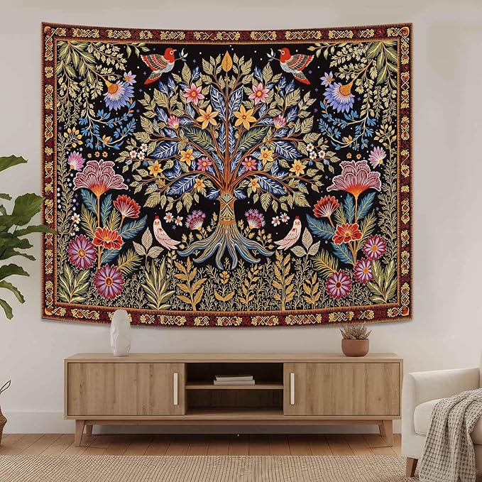 Lunerfex Tree of Life Wall Tapestry - Vibrant Folk Art & Botanical Wall Hanging for Bedroom and Living Room Decor - Boho Nature Tapestries 90"x70"