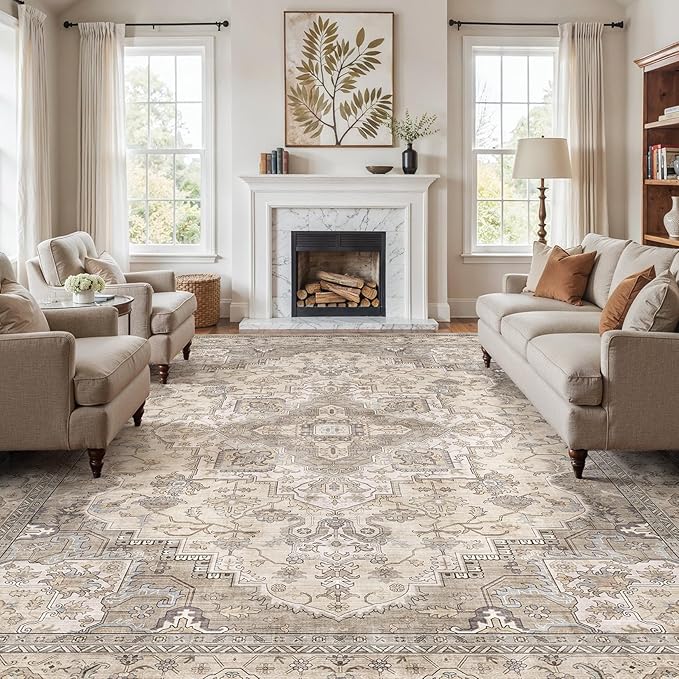 EIEIHOUSE Washable Area Rugs for Living Room - 12x15 Neutral Vintage Distressed Floral Farmhouse Boho Large Soft Floor Rug Indoor Non Slip Carpet for Bedroom Dining Room Office - Brown/Multi
