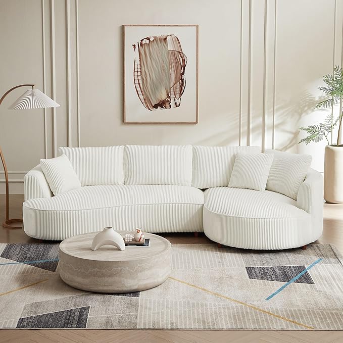 WILLIAMSPACE 122" Modern Curved Sofa Couch, Upholstery Oversized Cloud Sofa with Chaise & Pillows, Right Hand Facing Sectional Couch for Living Room (Right-Facing,White Corduroy)